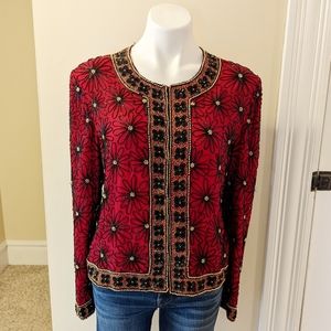 Vintage Papell Boutique Evening red, black and gold flower beaded jacket size L